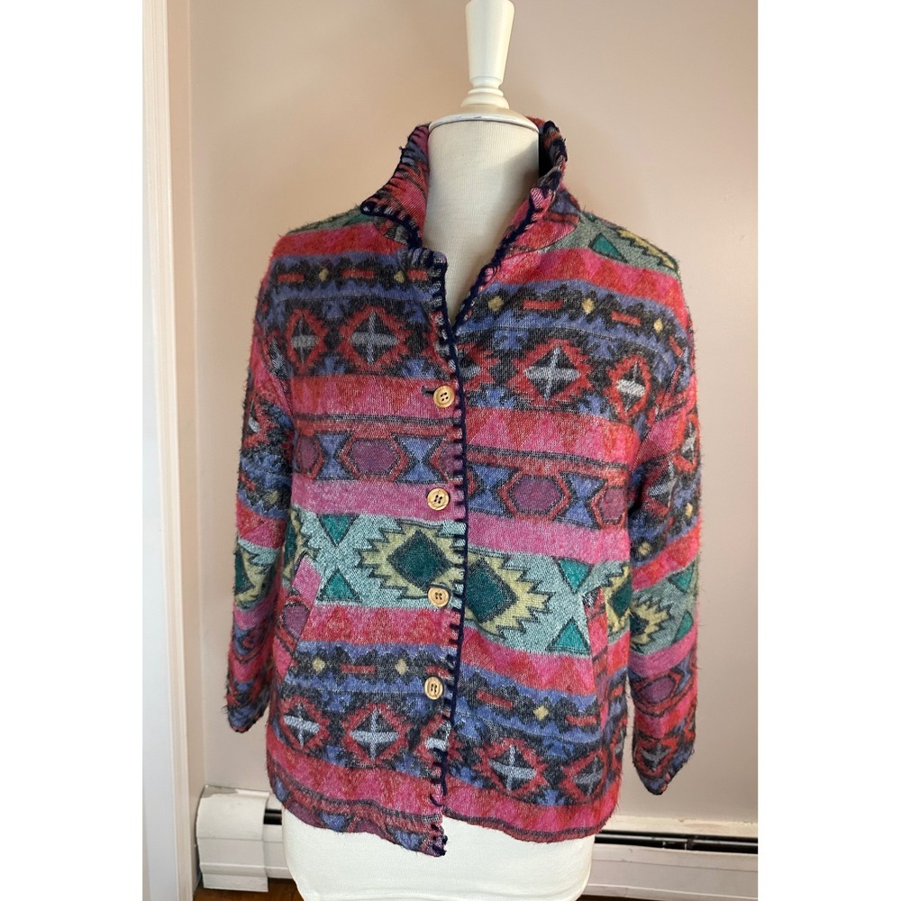 Vintage Southwestern Tapestry Jacket Pink Geometric Button Front Lined Coat